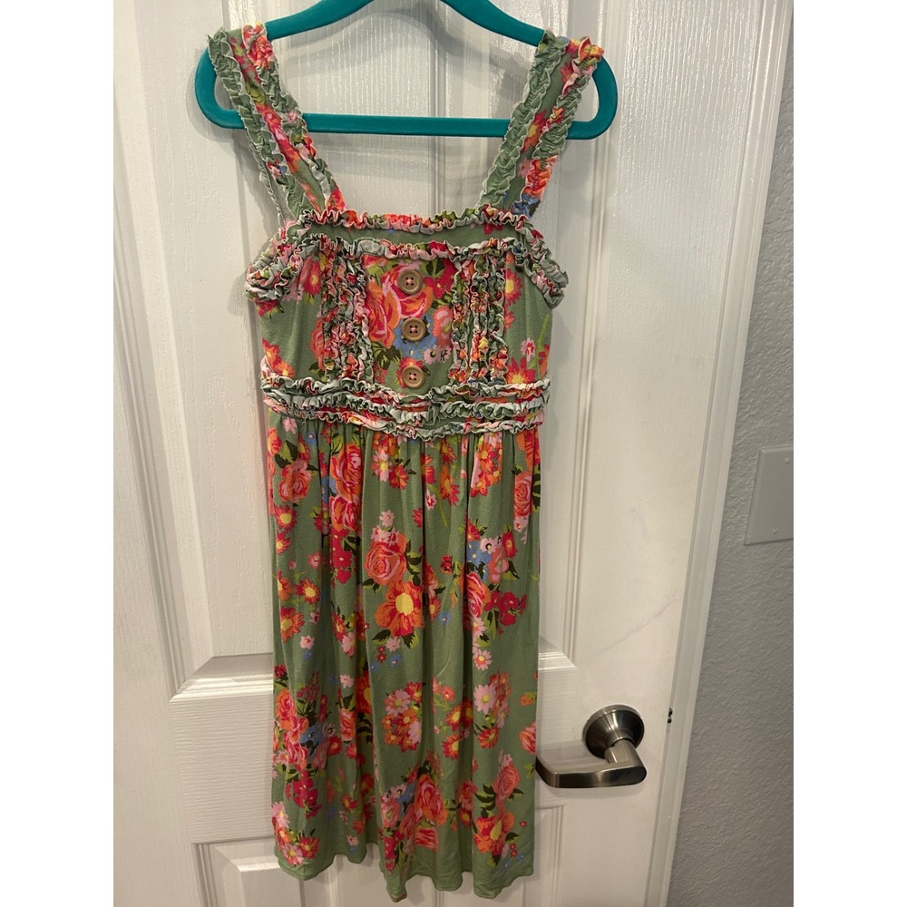 Matilda Jane Dress Green Floral Ruffle Button Trim Girls Size 8 Spring Summer